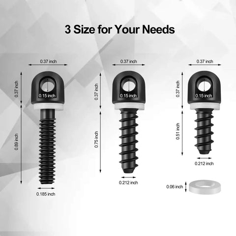 Three black two point crossbow sling attachments mounts with different screw sizes, showing detailed measurements.