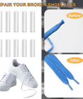 Fix Your Laces Like A Pro With This 50Pk Heat Shrink Aglets Repair Kit For Shoelaces showing before and after repair on blue laces.