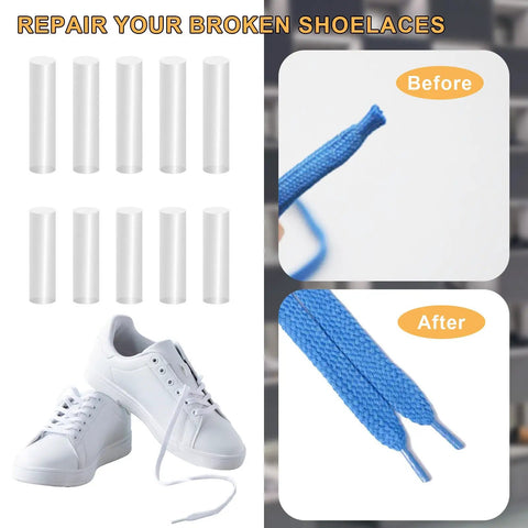 Fix Your Laces Like A Pro With This 50Pk Heat Shrink Aglets Repair Kit For Shoelaces showing before and after repair on blue laces.