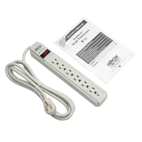 Must Have Surge Protector Power Strip With Six Outlets, Eight Foot Cord, 990 Joule Rating, Flat Plug, 120V Gray with manual