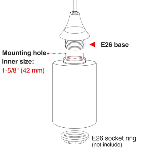 Diagram of Three Pack Frosted Opal White Glass Lamp Shade Replacement Globes with E26 base and 1-5/8 inch fitter dimensions