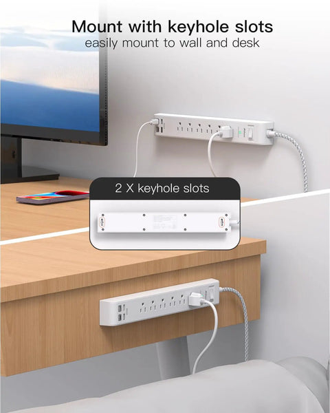 Wall-mounted view of the Two Pack Flat Plug Power Strip With Six Outlets And Four USB Ports USB A And USB C Surge Protector with 12 ft cord.