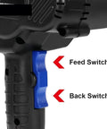 Heavy Duty Cordless Electric Hydraulic Cable Cutter And Crimping Tool For Copper Aluminum Wires Up To 50 Mm Capacity showing feed and back switches.