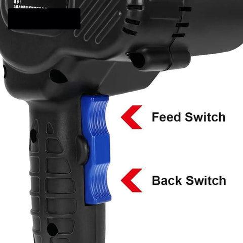 Heavy Duty Cordless Electric Hydraulic Cable Cutter And Crimping Tool For Copper Aluminum Wires Up To 50 Mm Capacity showing feed and back switches.