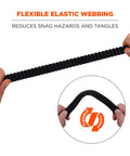 Hands holding black flexible elastic webbing of Squids 3105 Tool Lanyard With Aluminum Screw Lock Carabiner, 15lb Capacity, 10 Pack