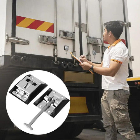 Heavy Duty 304 Stainless Steel RV Door Latch Holder T Style Entry Door Catch installed on cargo truck with inset close-up view