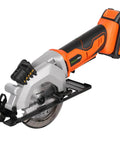 Compact Cordless Mini Circular Saw 20V Battery Powered With Blazing 3400 RPM Motor And Loaded 2.0 Ah Pack featuring a laser guide for precision cuts.