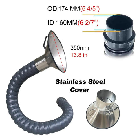 Premium Rock Solid Ultra Heavy Duty 360 Flex Welding Smoke Extractor Hose With Stainless Hood, 350mm length, black and stainless steel.