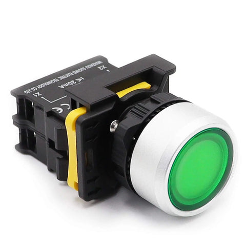 Green LED push button switch, part of Two Pack Dual Color Red Green LED Push Button Switch 110 To 220 Volt Waterproof IP65 22mm Panel Mount.