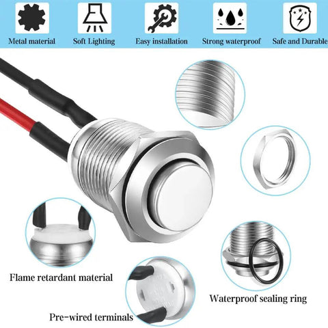 Three Pack 12mm Prewired High Head Waterproof Latching Push Button Switch Self Locking Stainless Steel On Off 2A 12V 24V 125V 250V AC