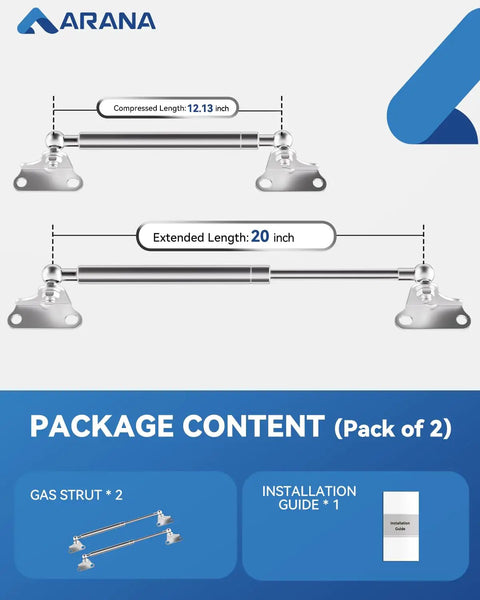 Beefy 20 Inch Stainless Gas Struts 80 Lb Marine Grade 2 Pack With Brackets shown compressed and extended lengths