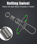 Speed Clips Fishing Lures 50 Pack Stainless Steel Snaps Swivels With Rolling Ball Bearing Barrel Swivel For Freshwater And Saltwater Quick Change Design 24 Pound Test Durable Lure Swap Kit, stainless steel rolling swivel close-up