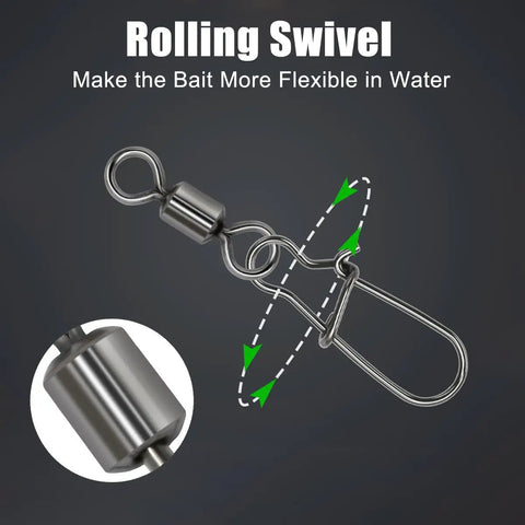 Speed Clips Fishing Lures 50 Pack Stainless Steel Snaps Swivels With Rolling Ball Bearing Barrel Swivel For Freshwater And Saltwater Quick Change Design 24 Pound Test Durable Lure Swap Kit, stainless steel rolling swivel close-up
