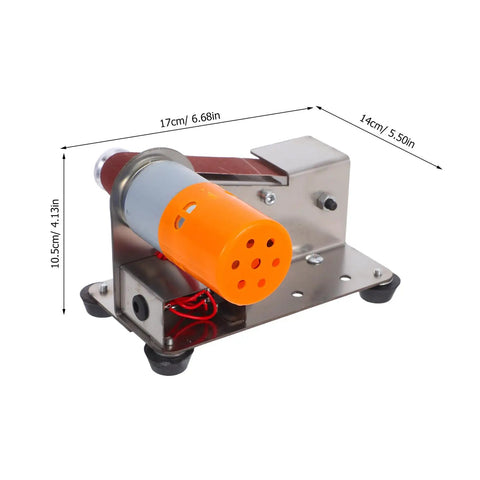 Plug And Play Mini Electric Belt Sander With Twenty Emery Belts Heavy Duty Desktop Grinder showcasing compact design and motor.