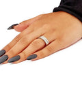 Top Shelf 14K Solid White Gold One Carat Total Weight Three Row Diamonds Wedding Band Ring For Her worn on hand with dark nails.