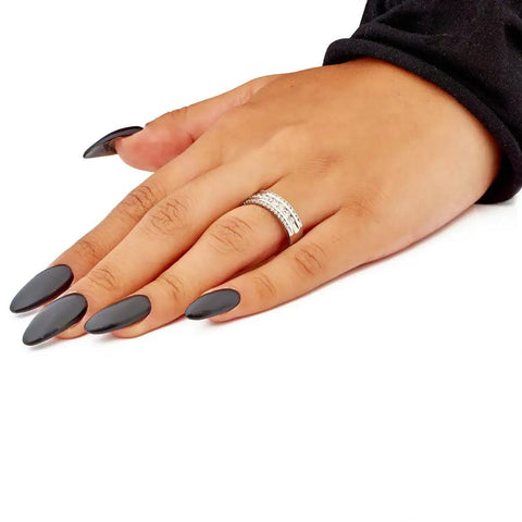 Top Shelf 14K Solid White Gold One Carat Total Weight Three Row Diamonds Wedding Band Ring For Her worn on hand with dark nails.