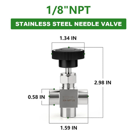 3-way stainless steel needle valve, 1/8" NPT female, 304 SS tee body for flow control