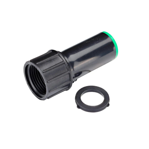 Compression Swivel Adapter With Washer Connects One Half Inch Drip Tubing To Three Quarter Inch MPT Pipe Easy Hose Bib FHT Connection Built In Swivel To Prevent Kinks Durable Black Finish For Garden Irrigation Systems, black drip tubing adapter with washer