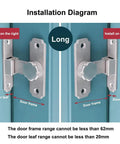 Installation diagram for the Heavy Duty Stainless Steel 90 Degree Barn Gate Latch showing door frame and leaf measurements.