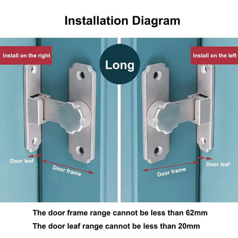 Installation diagram for Stainless Steel 90 Degree Portable Door Latch Heavy Duty Barn Gate Lock, showing left and right mounting options.