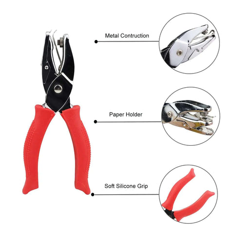 Square Hole Paper Punch 3 Sixteenth Inch Handheld Puncher with red soft grip, metal construction, and paper holder features.