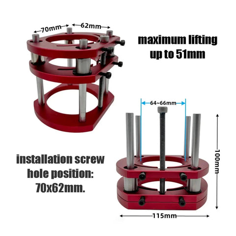 Killer Alignment Aluminum Router Table Insert Plate With Smooth Lift Mechanism showing red aluminum lift mechanism with precise measurements.