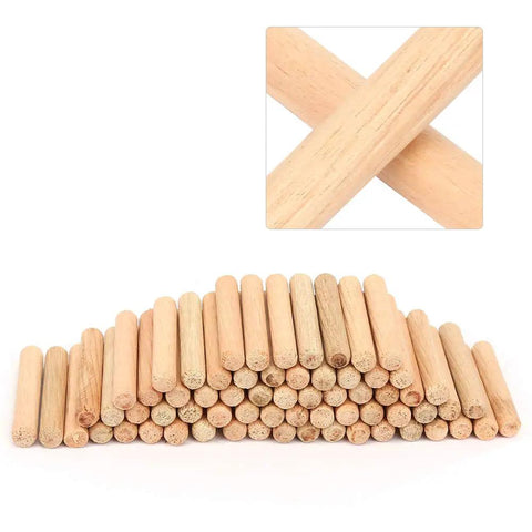 Beefy Beech Wood Dowel Pins 6mm Round Fluted Dowels, 100 Pack for Strong Wood Joints, chamfered ends displayed in stack
