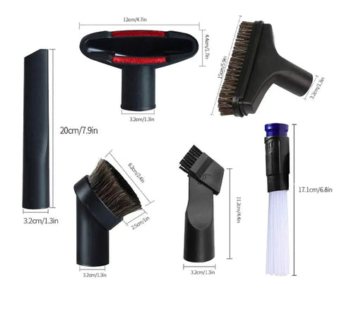 Mini Dust Brush Vacuum Attachment Kit For One And A Quarter Inch And One And Three Eighths Inch Hoses includes six attachments.