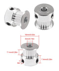 Three 20 tooth 6mm bore pulleys from All In One Timing Belt And Pulley Kit For 3D Printers GT2 Compatible, measurements shown.