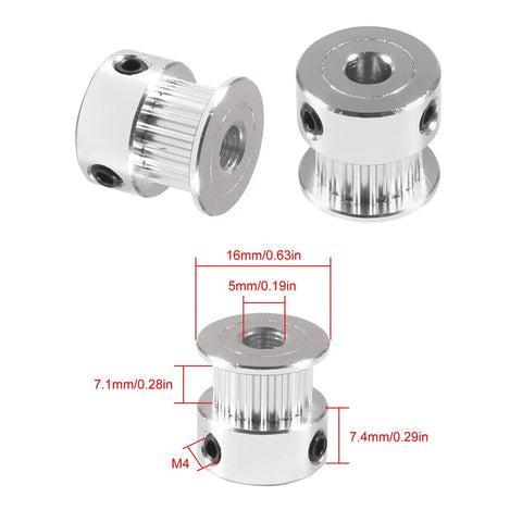 Three 20 tooth 6mm bore pulleys from All In One Timing Belt And Pulley Kit For 3D Printers GT2 Compatible, measurements shown.