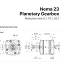 Technical diagram of Nema 23 Planetary Gearbox Speed Reducer with 5 to 1 10 to 1 20 to 1 ratios and 8mm input dimensions.