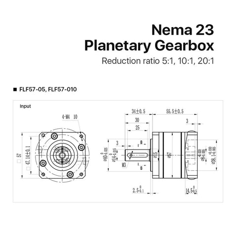 Technical diagram of Nema 23 Planetary Gearbox Speed Reducer with 5 to 1 10 to 1 20 to 1 ratios and 8mm input dimensions.