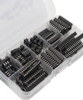 66 Piece DIP IC Socket Kit With Flat Feet Solder Type 2.54mm Pitch 0.5mm Above PCB in plastic case for prototyping and repairs.