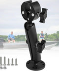 Stabilizer Mount For Trolling Motors With 360 Degree Adjustable Dual Ball Head Fits Terrova Riptide Terrova Ulterra PowerDrive Trolling Motors Tough Claw Clamp For 1.5 Inch Shaft No Bounce And Vibration For Smoother Rides in black with mounting screws, boat in background