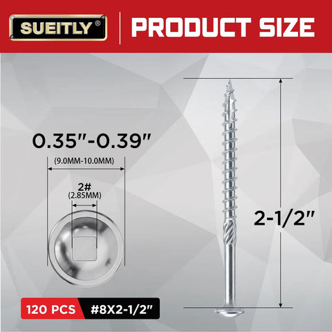 Pocket Hole Screws Size Eight Two And A Half Inches, 120 Pc Silver Square Drive Wood Screws diagram showing measurements
