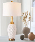 Ceramic Table Lamp With USB Port And Touch Control, 3 Way Dimmable Bedside Lamp, Wave Geometric Design, White Shade And Gold Base