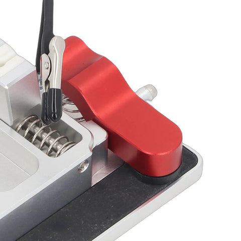 Close-up of Helping Hands Soldering Station with double clamp design, red knob, heavy duty aluminum base, 12mm opening.