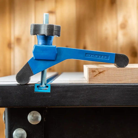 Bit Saver Hold Down Clamps For CNC Routers, Five And A Half Inch Long By One And A Quarter Inch Wide, Two Pack, installed on track