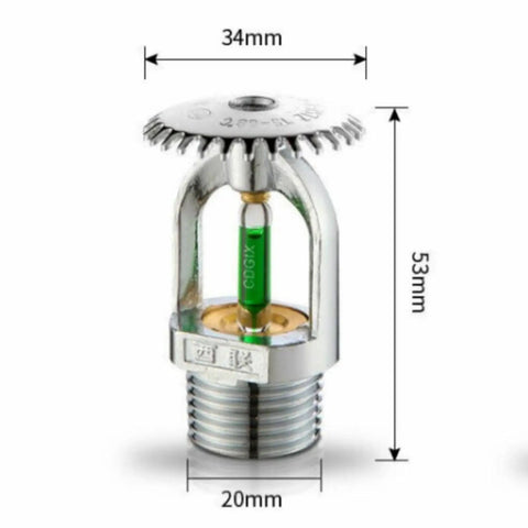 Straight Up Heavy Duty Upright Fire Sprinkler Heads 6 Pack Quick Response 199F Nickel Plated Copper 1/2 Inch Pipe Thread Rock Solid Kit For Kitchen And Boiler Room Use close-up view of a nickel plated copper sprinkler head with measuring dimensions.