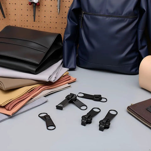 12 Piece Black Zipper Repair Kit With Removable Sliders for quick fix on clothes, backpacks, and jackets displayed on table.