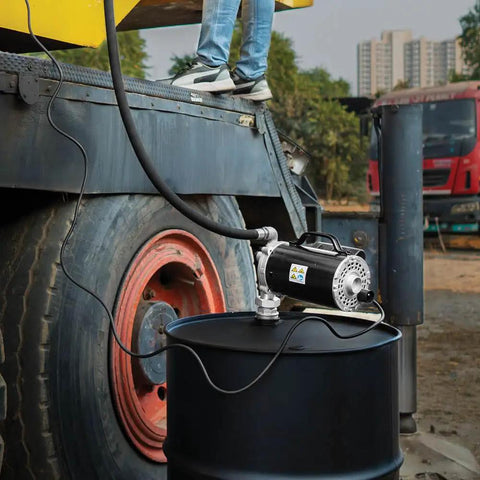 No-Hassle 115V Electric Drum Pump 8 Gpm Blazing Fast Oil Transfer Workhorse For 55 Gallon Barrels with hose on drum.