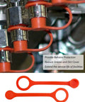 Rubber Blow Off Caps Kit For Ansul R102 And Piranha Industrial Kitchen Fire Suppression Vent A Hood Systems Keep Nozzles Clean And Protected Grease Cap Covers 20 Pack, shown installed on metal nozzles and separate close-up of two orange rubber caps.