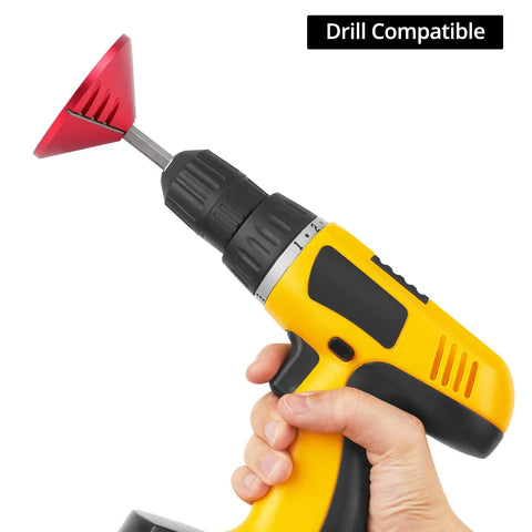 QWORK 2-in-1 PVC pipe deburring and chamfer tool head attached to yellow cordless drill (side view)