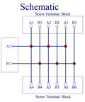 Schematic diagram of 30 Amp 48V 2 By 6 Position Screw Terminal Block Distribution Module with A and B blocks, 7.62mm pitch.