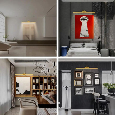 Wireless 26 Inch Picture Light With Rechargeable 8000mAh Battery Remote Control Dimmable Brightness And Timer Off 3 Lighting Modes Full Metal Gold Finish Art Display Light For Paintings And Photos 70 LEDs 1 Pack For Home Studio And Gallery Use illuminating artwork in various room settings.