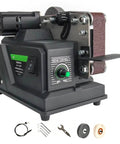 Super Slick Mini Belt Sander Workhorse With Polishing And Carving Accessory Kit For Wood Metal And Plastic Fast 7000 Rpm High Power Electric Grinder Tool For Garage And Workshop Projects, showing RPM control and sanding belt.