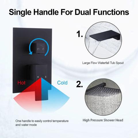 Diagram of Dual Function Shower Faucet Set For Bath And Shower, Waterfall Tub Spout, 10-Inch High-Pressure Showerhead, Matte Black Finish.