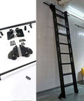 Sliding Barn Door And Library Ladder Kit for 3.3 ft to 20 ft tracks, showing installation and hardware, ideal for attics and libraries.