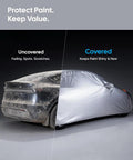 Tesla Model Y Car Cover All Weather Outdoor Protection with Waterproof UV Sun and Heat Shield on half-covered car