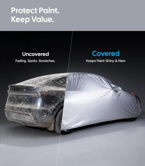 Tesla Model Y Car Cover All Weather Outdoor Protection with Waterproof UV Sun and Heat Shield on half-covered car